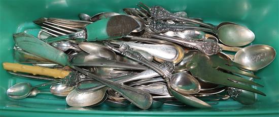 A quantity of mixed 19th century and later silver and white metal flatware including butter knife, teaspoons, German servers etc.